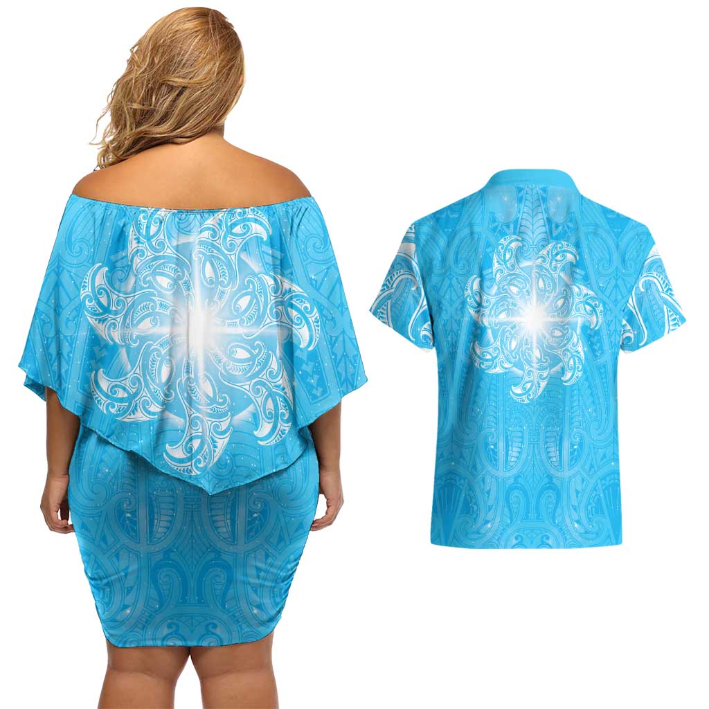 New Zealand Matariki Waiti Couples Matching Off Shoulder Short Dress and Hawaiian Shirt Maori Moko Cyan Galaxy LT05 - Polynesian Pride