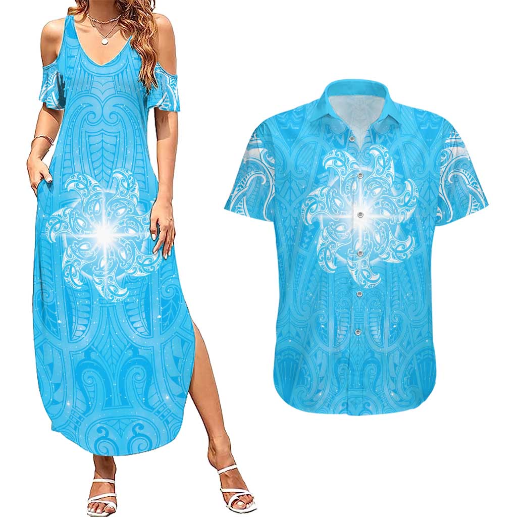 New Zealand Matariki Waiti Couples Matching Summer Maxi Dress and Hawaiian Shirt Maori Moko Cyan Galaxy