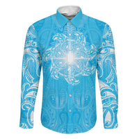 New Zealand Matariki Waiti Family Matching Long Sleeve Bodycon Dress and Hawaiian Shirt Maori Moko Cyan Galaxy LT05 Dad's Shirt - Long Sleeve Cyan - Polynesian Pride
