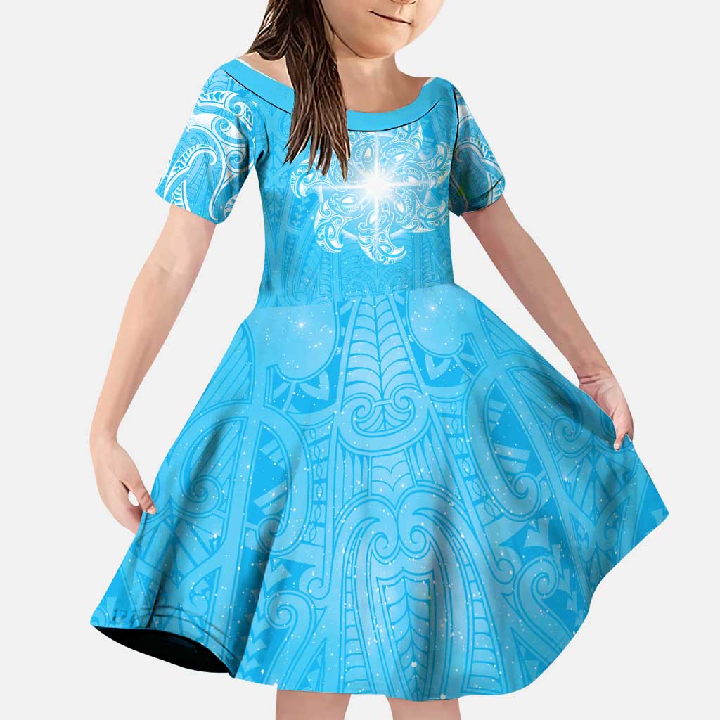 New Zealand Matariki Waiti Family Matching Mermaid Dress and Hawaiian Shirt Maori Moko Cyan Galaxy LT05 Daughter's Dress Cyan - Polynesian Pride