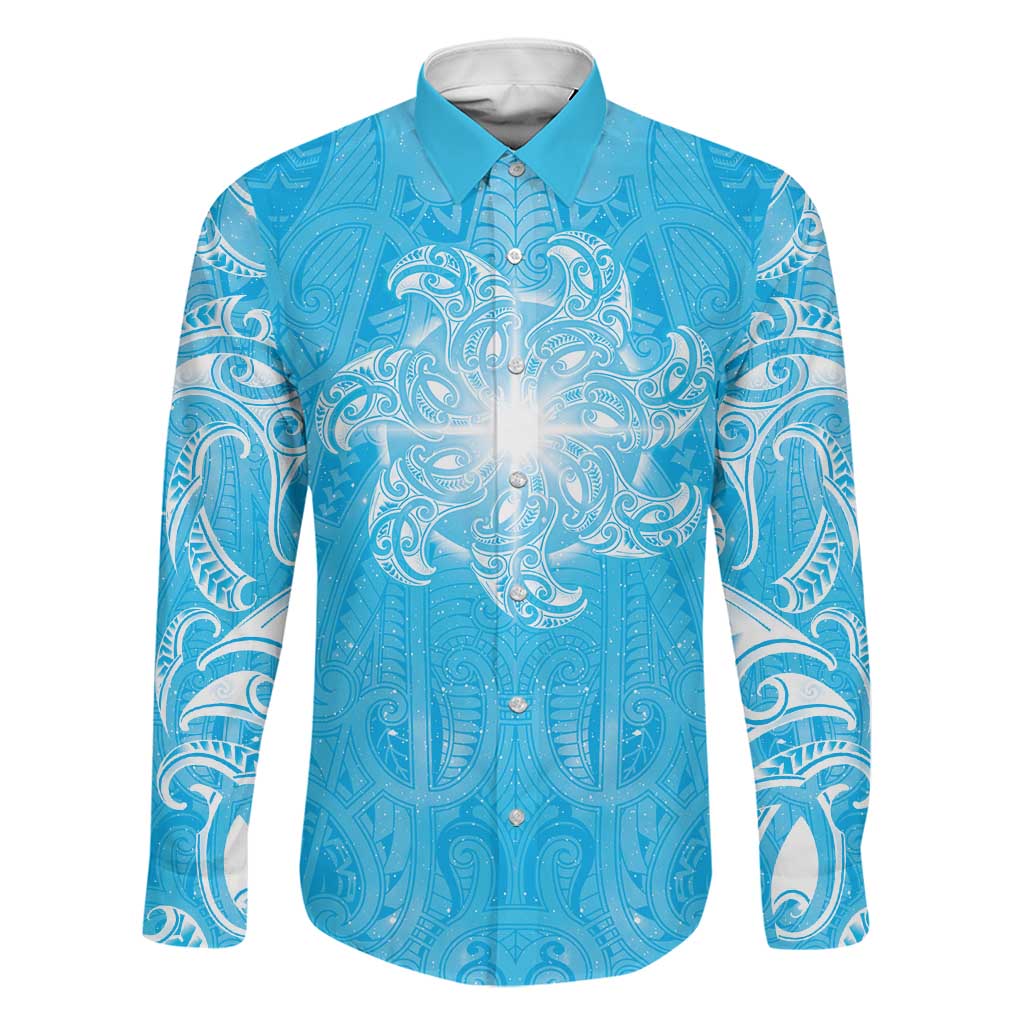 New Zealand Matariki Waiti Family Matching Off Shoulder Maxi Dress and Hawaiian Shirt Maori Moko Cyan Galaxy LT05 Dad's Shirt - Long Sleeve Cyan - Polynesian Pride