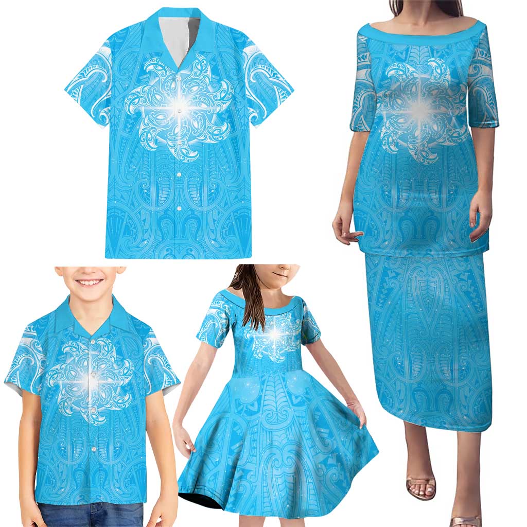 New Zealand Matariki Waiti Family Matching Puletasi and Hawaiian Shirt Maori Moko Cyan Galaxy LT05 - Polynesian Pride