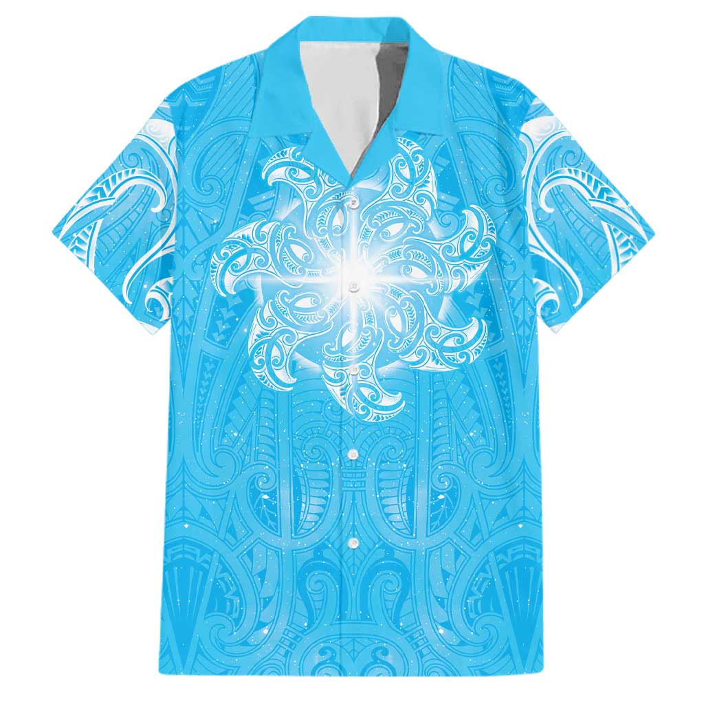 New Zealand Matariki Waiti Family Matching Puletasi and Hawaiian Shirt Maori Moko Cyan Galaxy LT05 Dad's Shirt - Short Sleeve Cyan - Polynesian Pride