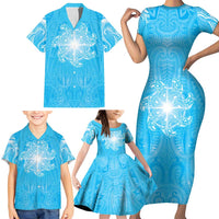 New Zealand Matariki Waiti Family Matching Short Sleeve Bodycon Dress and Hawaiian Shirt Maori Moko Cyan Galaxy LT05 - Polynesian Pride