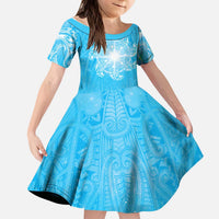 New Zealand Matariki Waiti Kid Short Sleeve Dress Maori Moko Cyan Galaxy