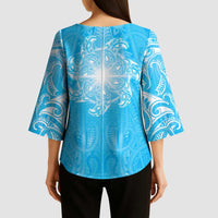 New Zealand Matariki Waiti Kimono Sleeve Blouse Maori Moko Cyan Galaxy