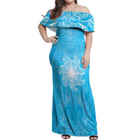 New Zealand Matariki Waiti Off Shoulder Maxi Dress Maori Moko Cyan Galaxy