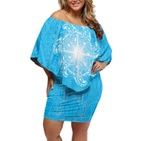 New Zealand Matariki Waiti Off Shoulder Short Dress Maori Moko Cyan Galaxy