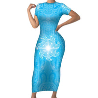 New Zealand Matariki Waiti Short Sleeve Bodycon Dress Maori Moko Cyan Galaxy