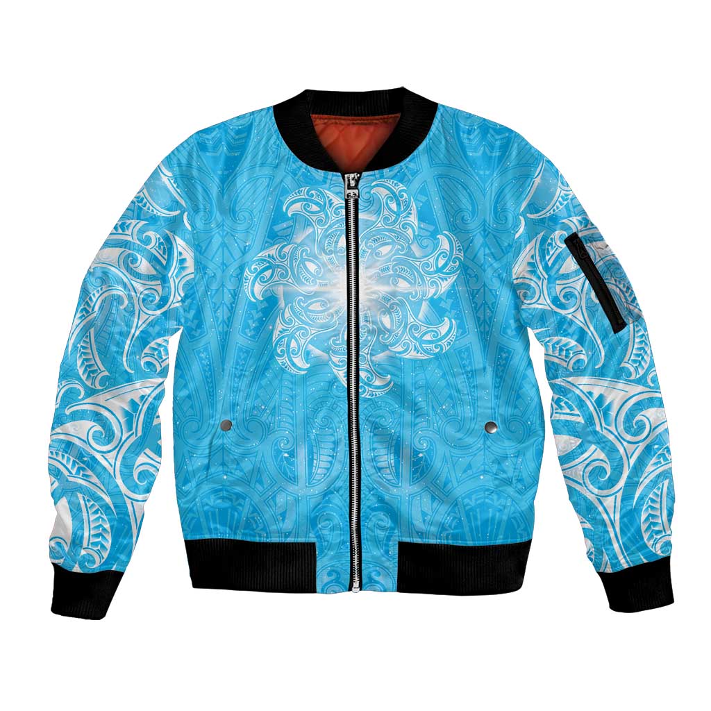 New Zealand Matariki Waiti Sleeve Zip Bomber Jacket Maori Moko Cyan Galaxy LT05 Unisex Cyan - Polynesian Pride