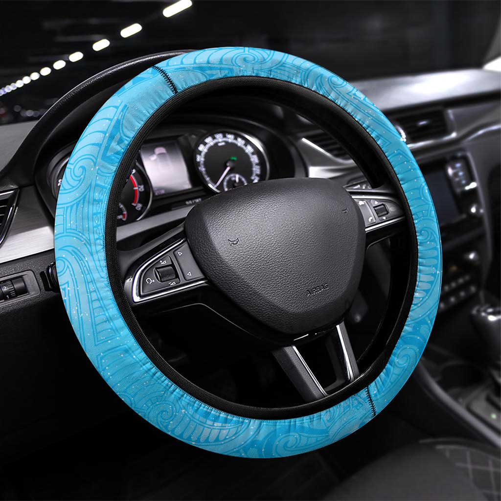 New Zealand Matariki Waiti Steering Wheel Cover Maori Moko Cyan Galaxy LT05 Universal Fit Cyan - Polynesian Pride