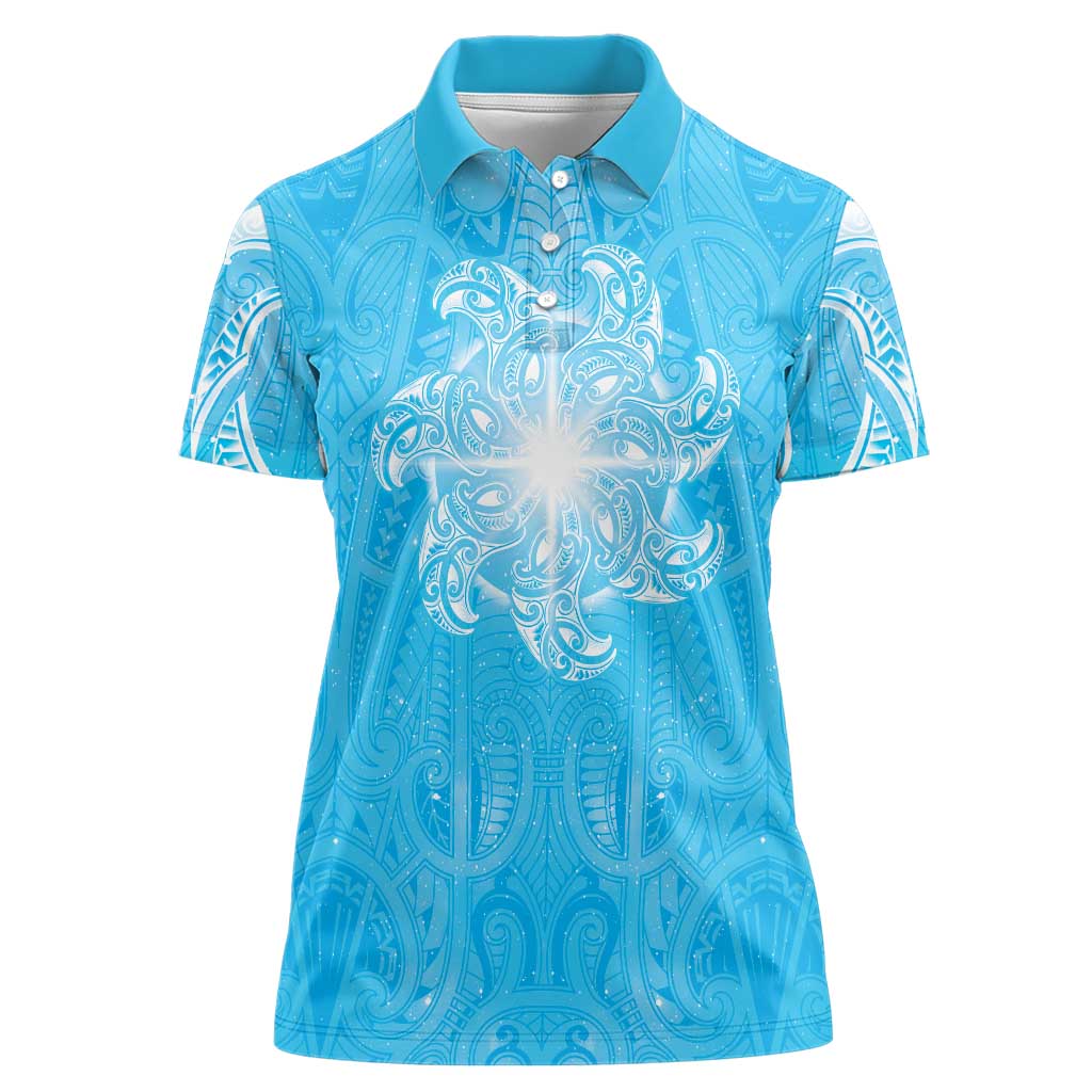 New Zealand Matariki Waiti Women Polo Shirt Maori Moko Cyan Galaxy