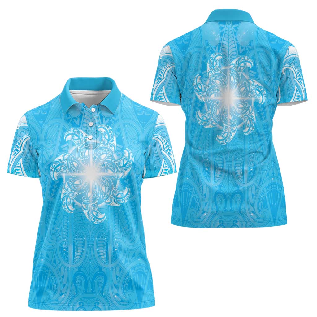 New Zealand Matariki Waiti Women Polo Shirt Maori Moko Cyan Galaxy
