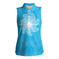 New Zealand Matariki Waiti Women Sleeveless Polo Shirt Maori Moko Cyan Galaxy LT05 Female Cyan - Polynesian Pride