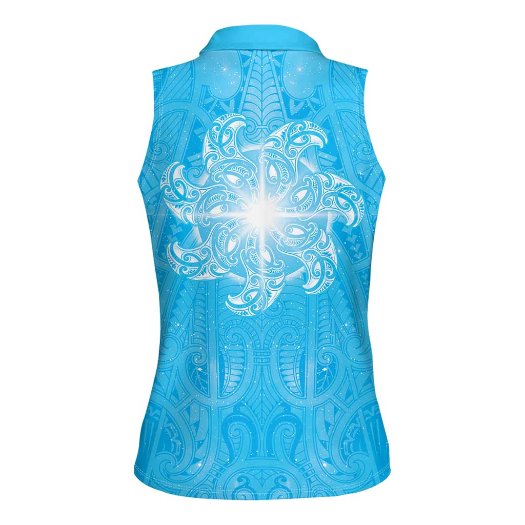 New Zealand Matariki Waiti Women Sleeveless Polo Shirt Maori Moko Cyan Galaxy LT05 - Polynesian Pride