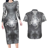 New Zealand Matariki Ururangi Couples Matching Long Sleeve Bodycon Dress and Hawaiian Shirt Maori Moko Grey Galaxy LT05 Grey - Polynesian Pride