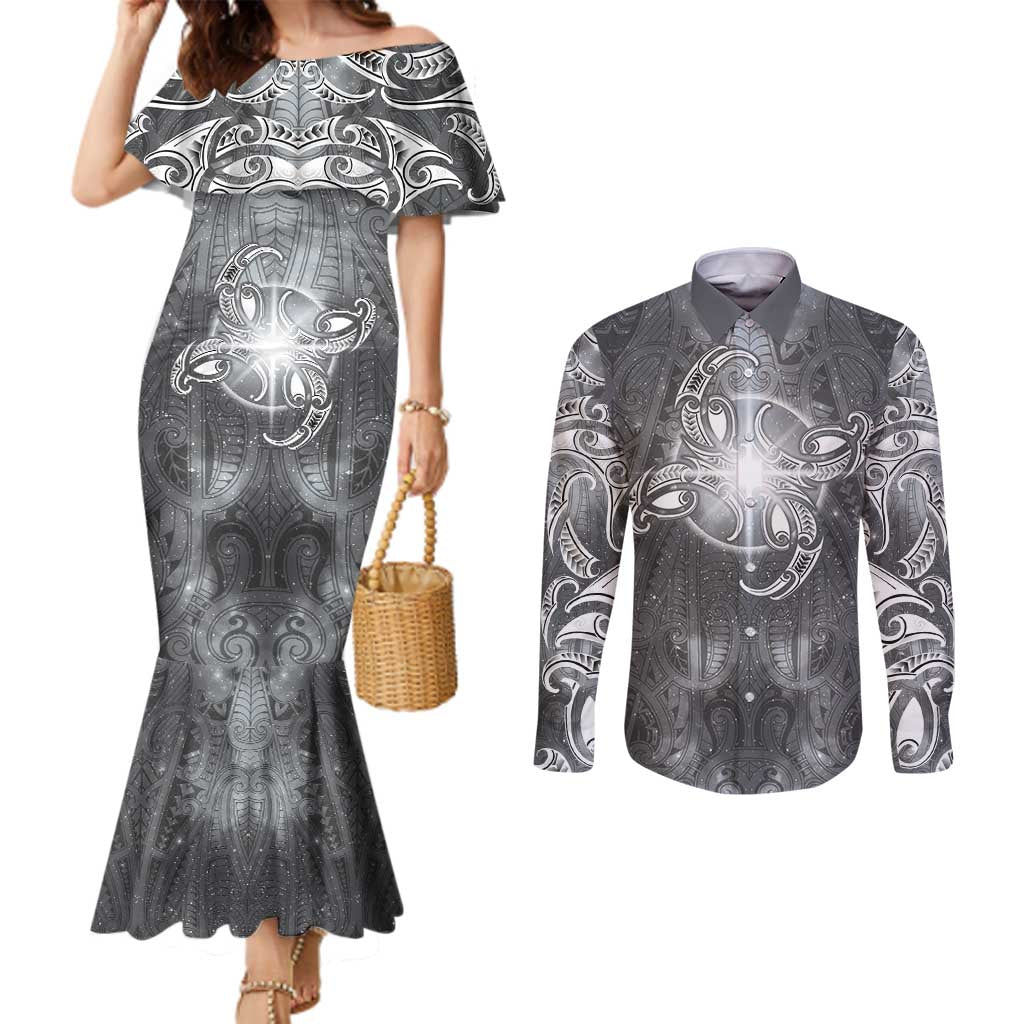New Zealand Matariki Ururangi Couples Matching Mermaid Dress and Long Sleeve Button Shirt Maori Moko Grey Galaxy LT05 Grey - Polynesian Pride