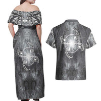 New Zealand Matariki Ururangi Couples Matching Off Shoulder Maxi Dress and Hawaiian Shirt Maori Moko Grey Galaxy LT05 - Polynesian Pride