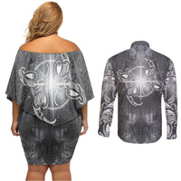 New Zealand Matariki Ururangi Couples Matching Off Shoulder Short Dress and Long Sleeve Button Shirt Maori Moko Grey Galaxy