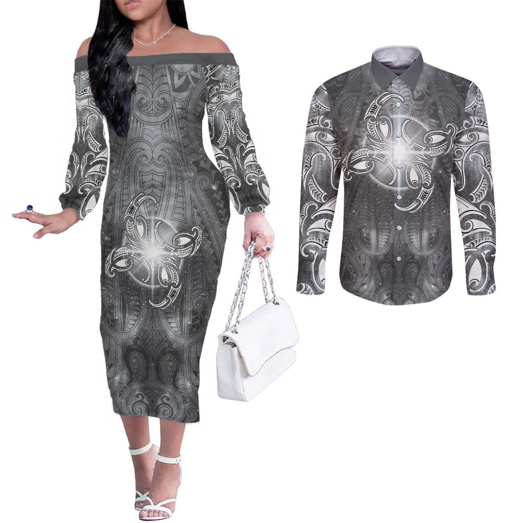 New Zealand Matariki Ururangi Couples Matching Off The Shoulder Long Sleeve Dress and Long Sleeve Button Shirt Maori Moko Grey Galaxy LT05 Grey - Polynesian Pride
