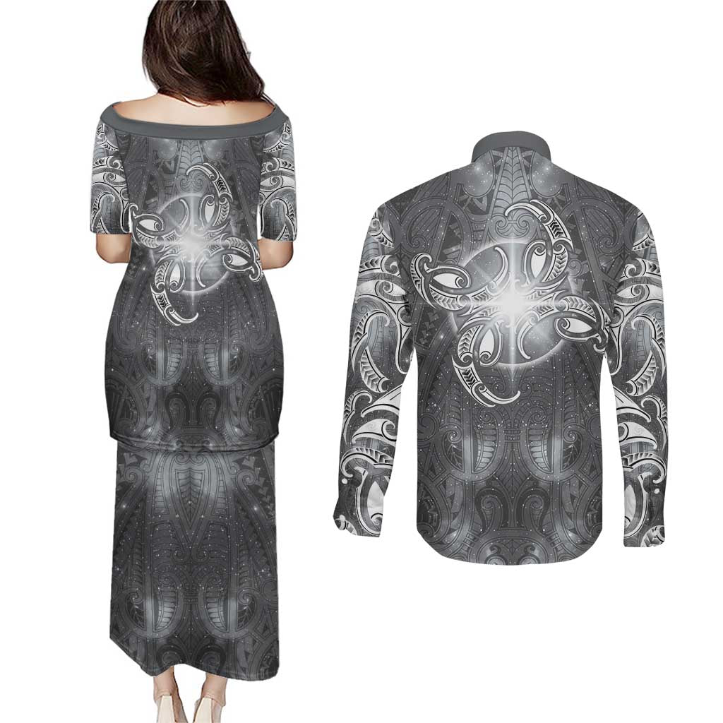 New Zealand Matariki Ururangi Couples Matching Puletasi and Long Sleeve Button Shirt Maori Moko Grey Galaxy