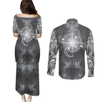 New Zealand Matariki Ururangi Couples Matching Puletasi and Long Sleeve Button Shirt Maori Moko Grey Galaxy