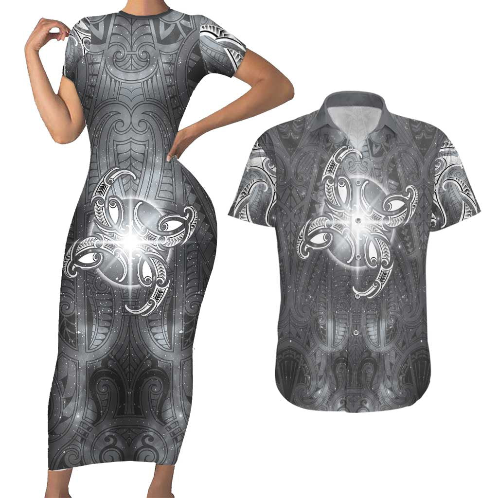 New Zealand Matariki Ururangi Couples Matching Short Sleeve Bodycon Dress and Hawaiian Shirt Maori Moko Grey Galaxy LT05 Grey - Polynesian Pride