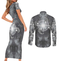 New Zealand Matariki Ururangi Couples Matching Short Sleeve Bodycon Dress and Long Sleeve Button Shirt Maori Moko Grey Galaxy LT05 - Polynesian Pride