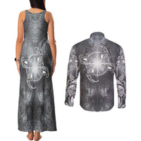 New Zealand Matariki Ururangi Couples Matching Tank Maxi Dress and Long Sleeve Button Shirt Maori Moko Grey Galaxy