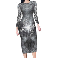 New Zealand Matariki Ururangi Family Matching Long Sleeve Bodycon Dress and Hawaiian Shirt Maori Moko Grey Galaxy LT05 Mom's Dress Grey - Polynesian Pride