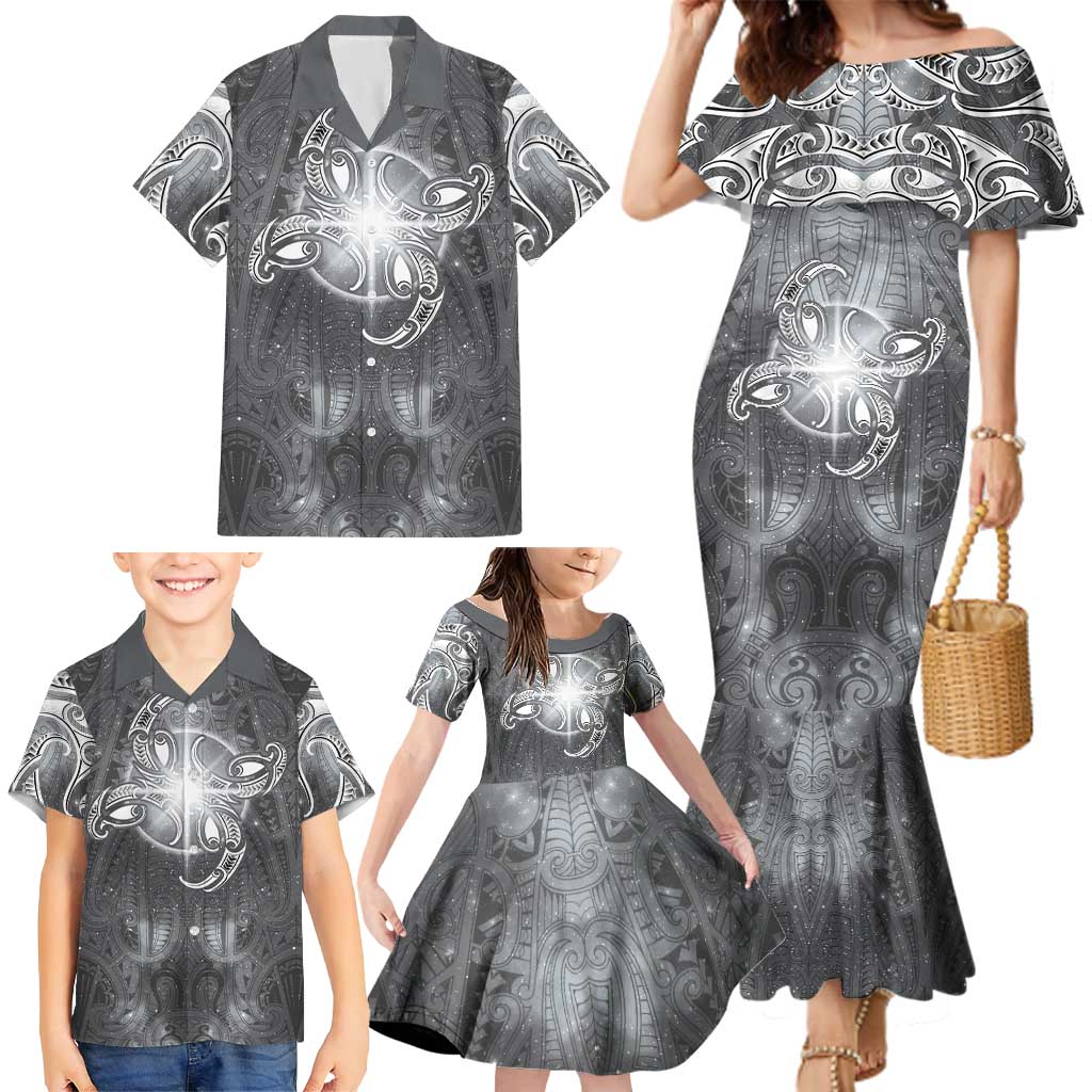 New Zealand Matariki Ururangi Family Matching Mermaid Dress and Hawaiian Shirt Maori Moko Grey Galaxy LT05 - Polynesian Pride