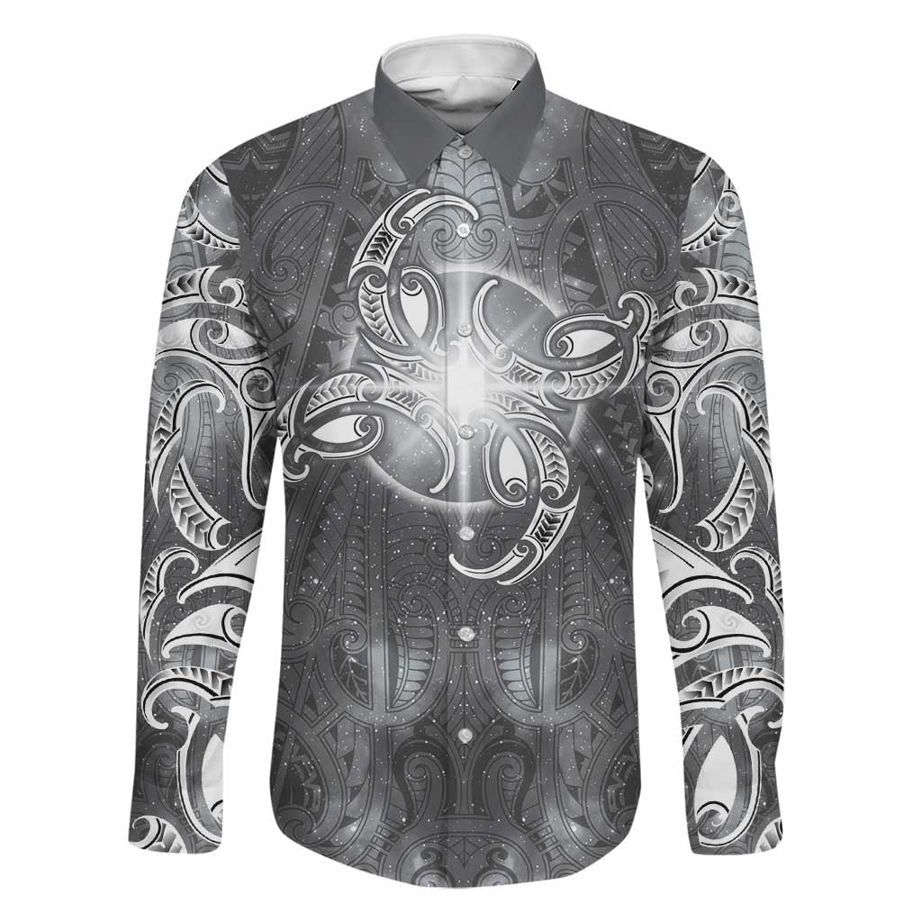 New Zealand Matariki Ururangi Family Matching Mermaid Dress and Hawaiian Shirt Maori Moko Grey Galaxy LT05 Dad's Shirt - Long Sleeve Grey - Polynesian Pride