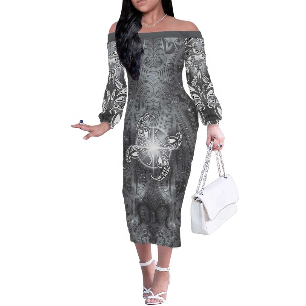 New Zealand Matariki Ururangi Family Matching Off The Shoulder Long Sleeve Dress and Hawaiian Shirt Maori Moko Grey Galaxy LT05 Mom's Dress Grey - Polynesian Pride