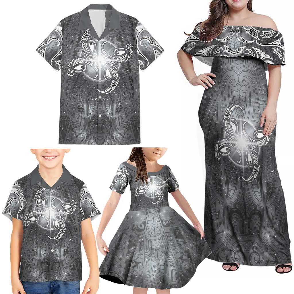 New Zealand Matariki Ururangi Family Matching Off Shoulder Maxi Dress and Hawaiian Shirt Maori Moko Grey Galaxy LT05 - Polynesian Pride