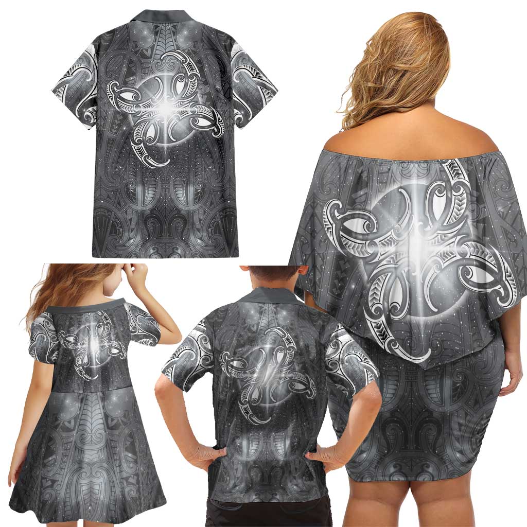 New Zealand Matariki Ururangi Family Matching Off Shoulder Short Dress and Hawaiian Shirt Maori Moko Grey Galaxy LT05 - Polynesian Pride