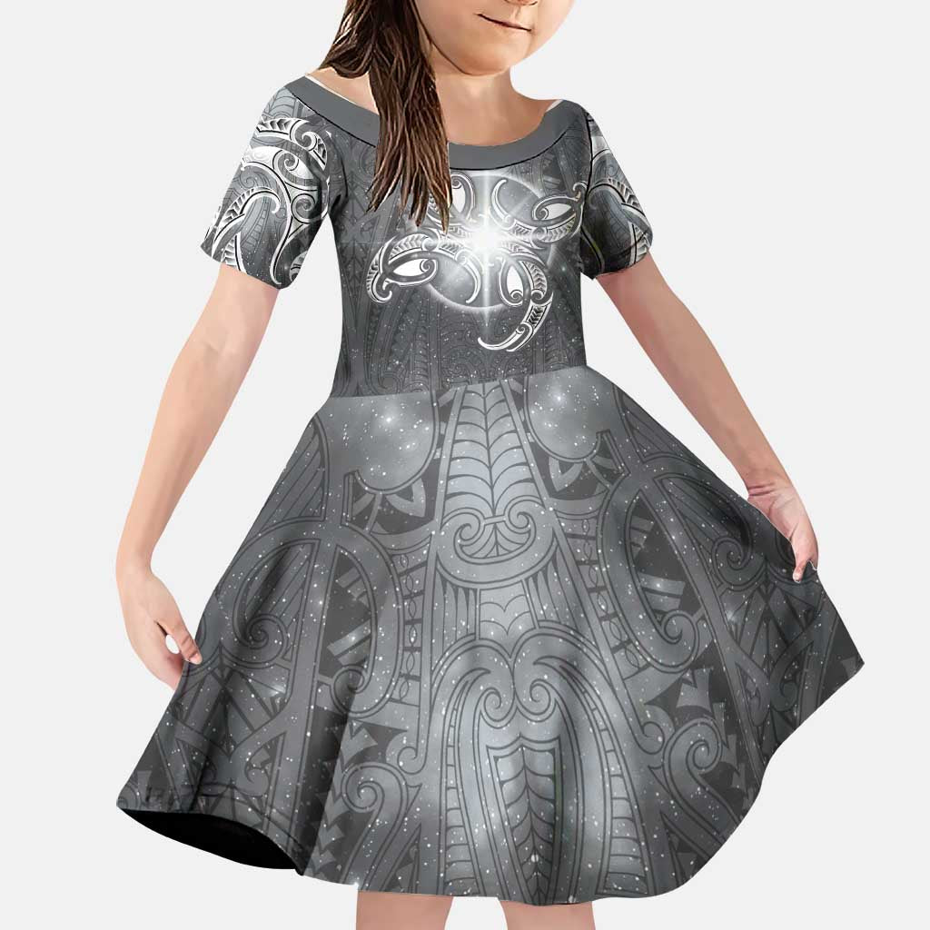 New Zealand Matariki Ururangi Family Matching Puletasi and Hawaiian Shirt Maori Moko Grey Galaxy LT05 Daughter's Dress Grey - Polynesian Pride