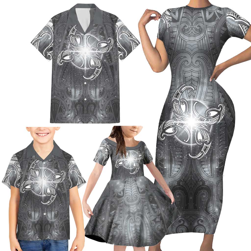 New Zealand Matariki Ururangi Family Matching Short Sleeve Bodycon Dress and Hawaiian Shirt Maori Moko Grey Galaxy LT05 - Polynesian Pride