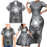 New Zealand Matariki Ururangi Family Matching Short Sleeve Bodycon Dress and Hawaiian Shirt Maori Moko Grey Galaxy LT05 - Polynesian Pride