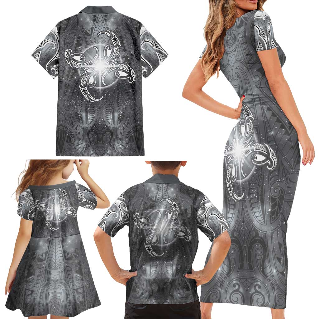 New Zealand Matariki Ururangi Family Matching Short Sleeve Bodycon Dress and Hawaiian Shirt Maori Moko Grey Galaxy LT05 - Polynesian Pride