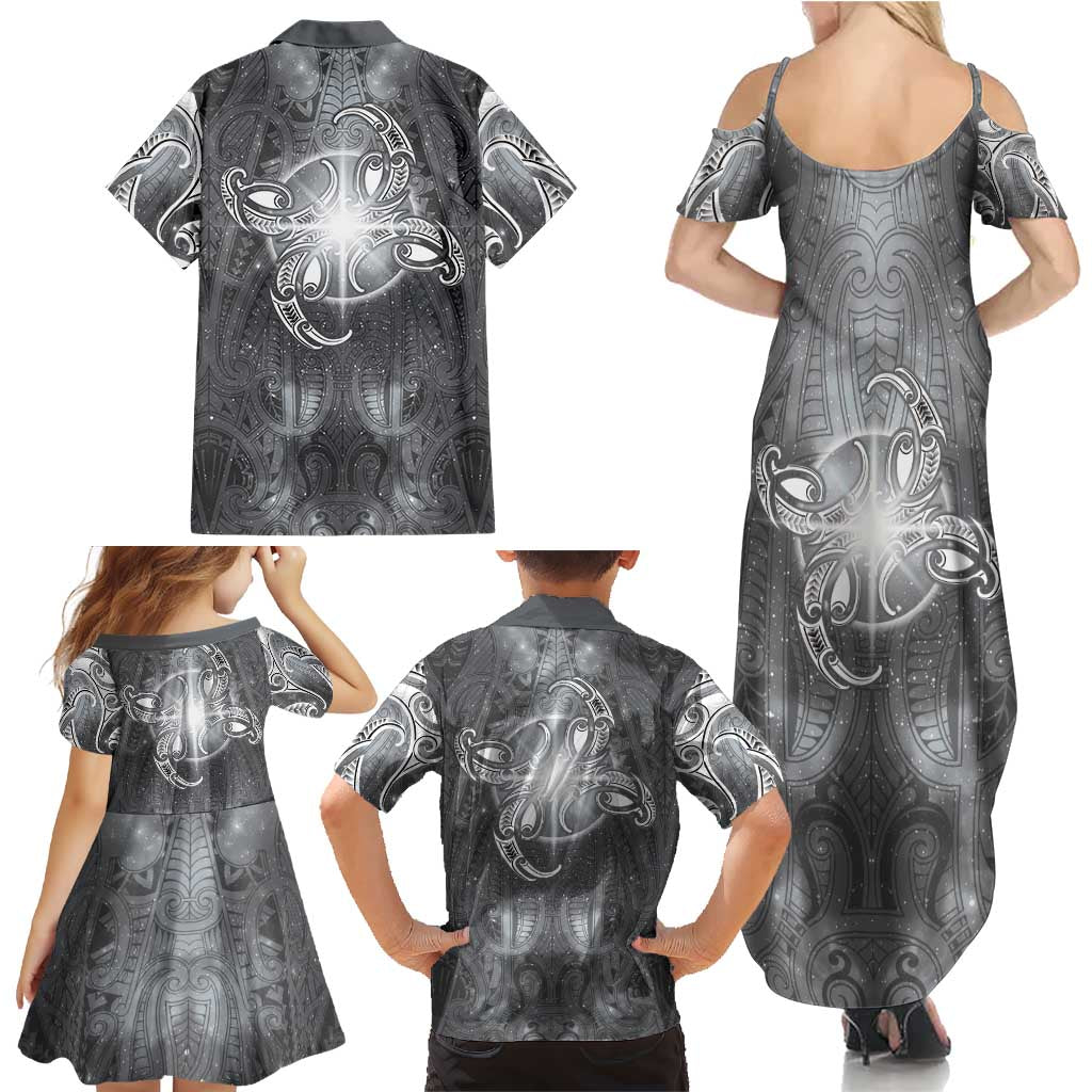 New Zealand Matariki Ururangi Family Matching Summer Maxi Dress and Hawaiian Shirt Maori Moko Grey Galaxy LT05 - Polynesian Pride