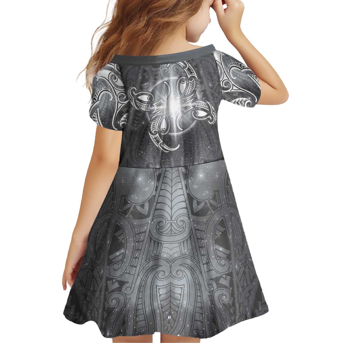 New Zealand Matariki Ururangi Kid Short Sleeve Dress Maori Moko Grey Galaxy