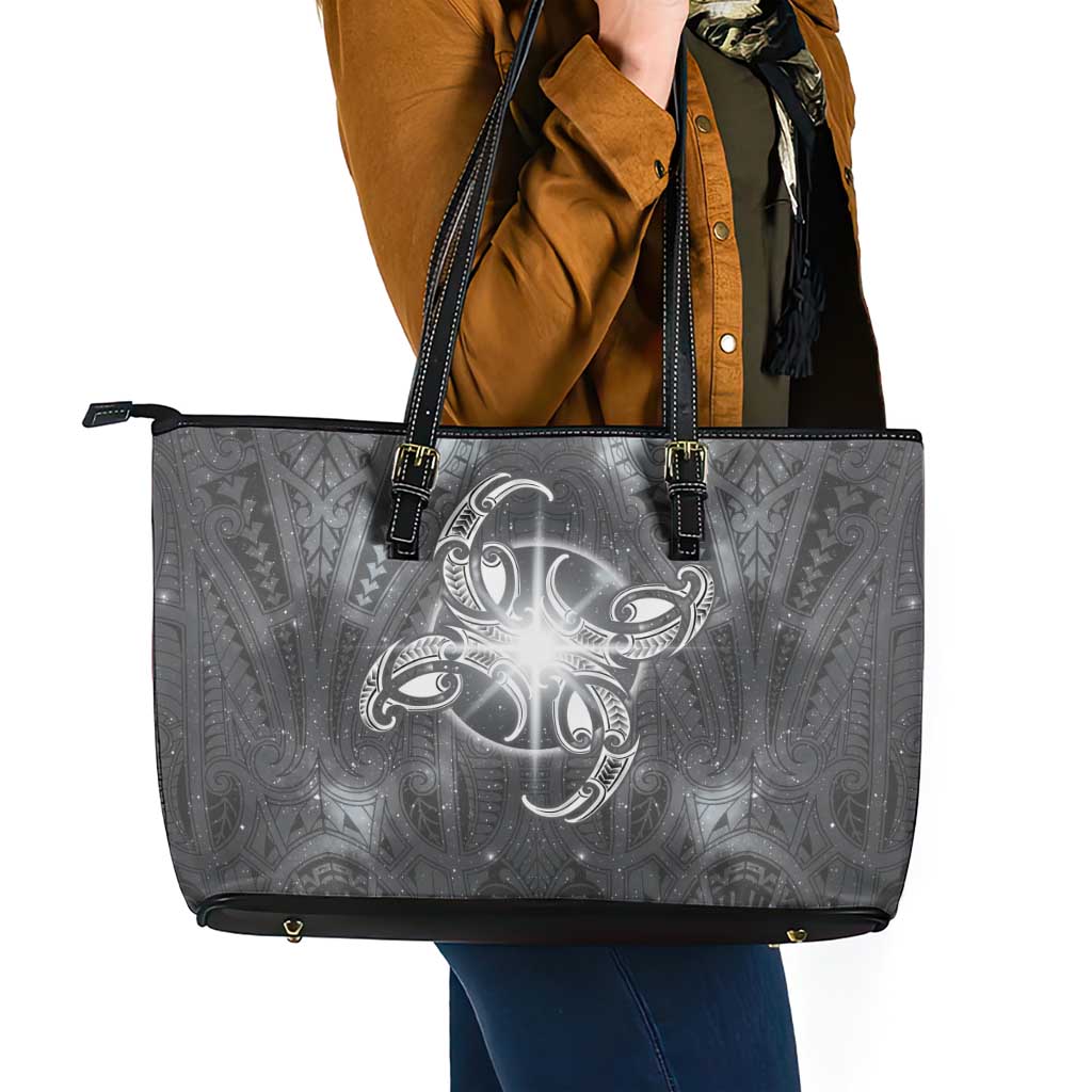 New Zealand Matariki Ururangi Leather Tote Bag Maori Moko Grey Galaxy