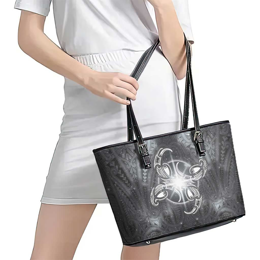 New Zealand Matariki Ururangi Leather Tote Bag Maori Moko Grey Galaxy
