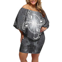 New Zealand Matariki Ururangi Off Shoulder Short Dress Maori Moko Grey Galaxy