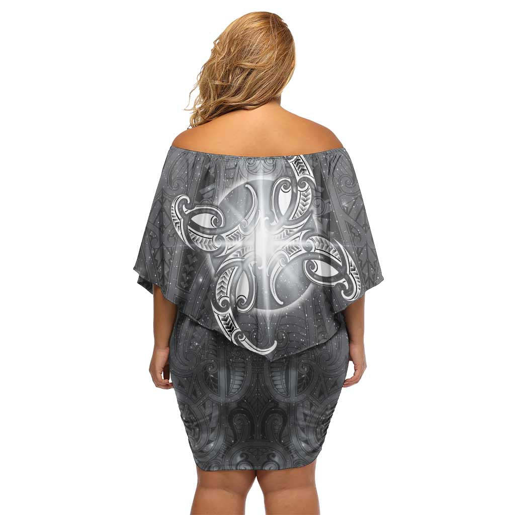 New Zealand Matariki Ururangi Off Shoulder Short Dress Maori Moko Grey Galaxy