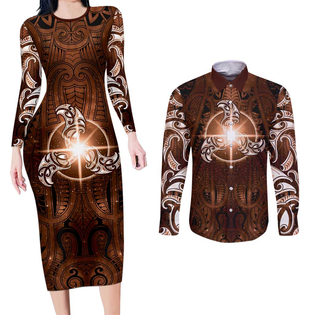 New Zealand Matariki Tupuanuku Couples Matching Long Sleeve Bodycon Dress and Long Sleeve Button Shirt Maori Moko Brown Galaxy