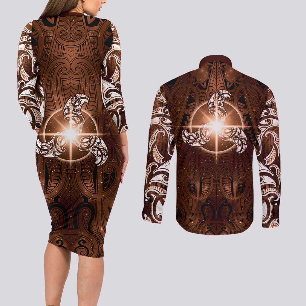 New Zealand Matariki Tupuanuku Couples Matching Long Sleeve Bodycon Dress and Long Sleeve Button Shirt Maori Moko Brown Galaxy LT05 - Polynesian Pride