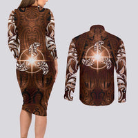 New Zealand Matariki Tupuanuku Couples Matching Long Sleeve Bodycon Dress and Long Sleeve Button Shirt Maori Moko Brown Galaxy LT05 - Polynesian Pride