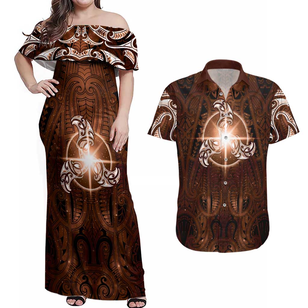 New Zealand Matariki Tupuanuku Couples Matching Off Shoulder Maxi Dress and Hawaiian Shirt Maori Moko Brown Galaxy LT05 Brown - Polynesian Pride