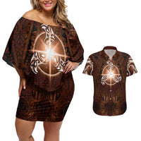 New Zealand Matariki Tupuanuku Couples Matching Off Shoulder Short Dress and Hawaiian Shirt Maori Moko Brown Galaxy LT05 Brown - Polynesian Pride